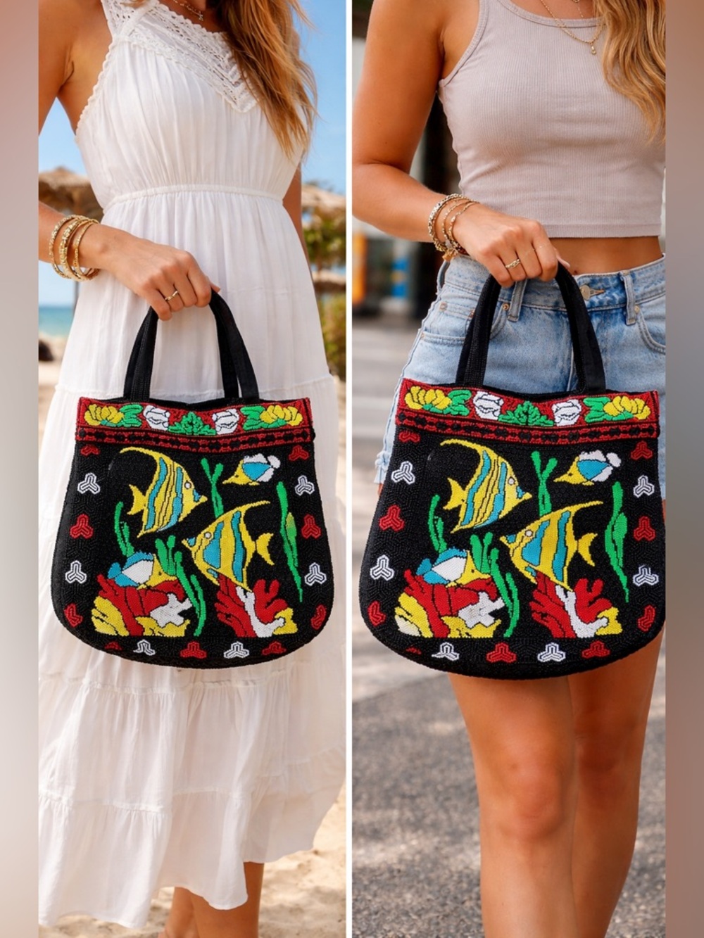 Vintage Beaded Top Handle Bag Fish Ocean Coral Handmade Boho Colorful